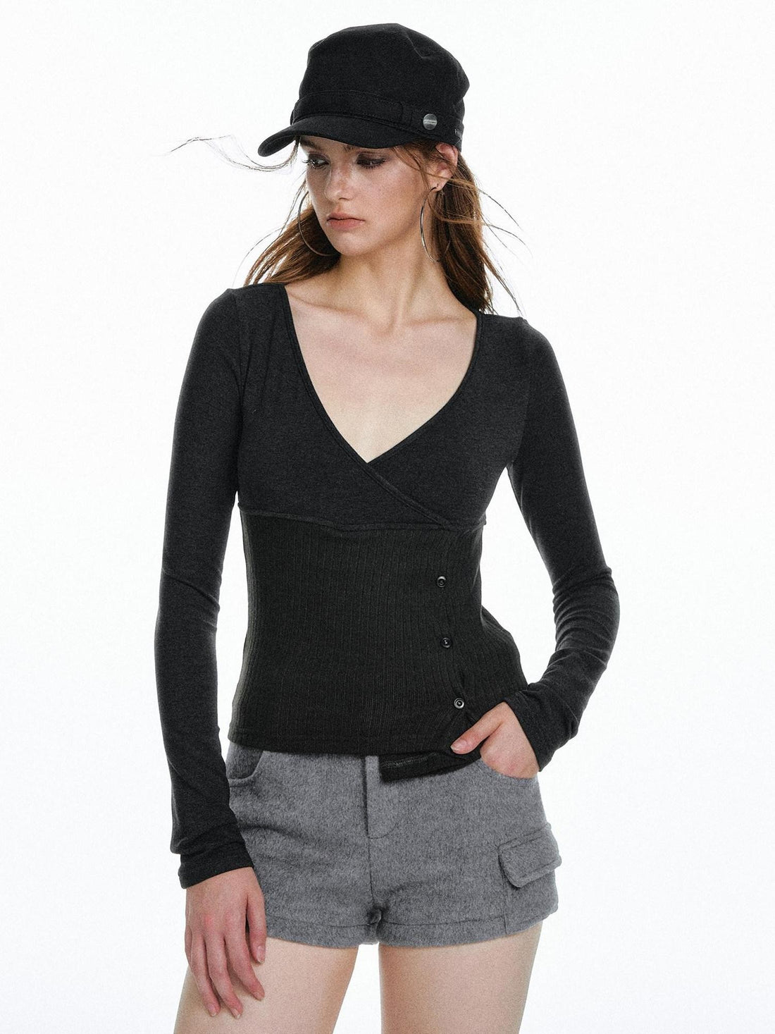 STRIKE A POSE Waist Cinch Button Placket Deep V Women&
