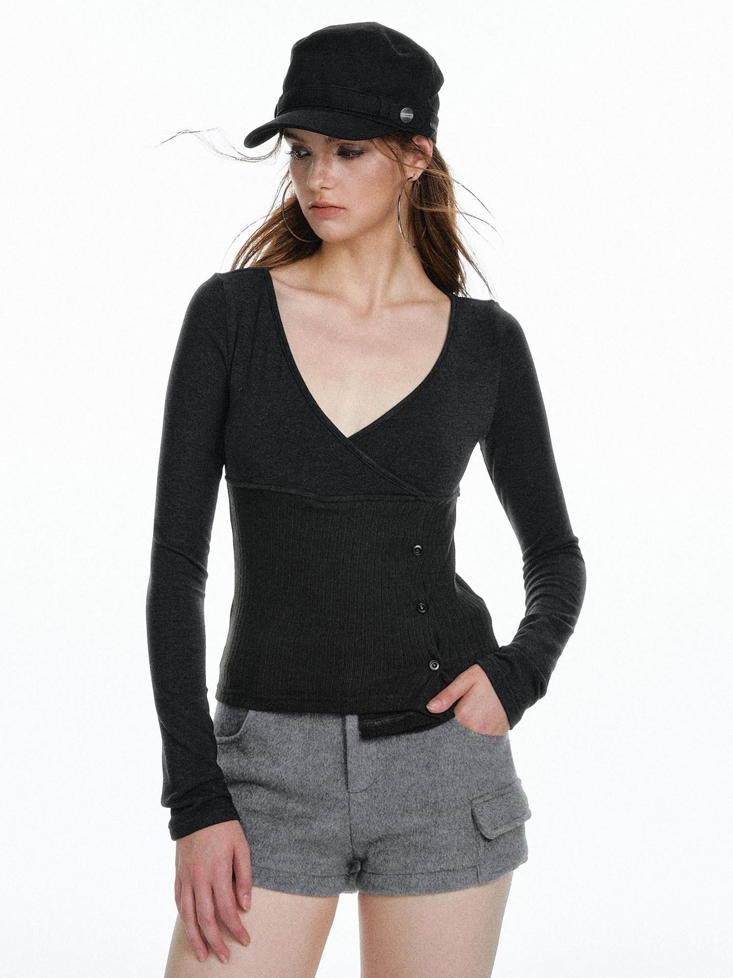 STRIKE A POSE Waist Cinch Button Placket Deep V Women&