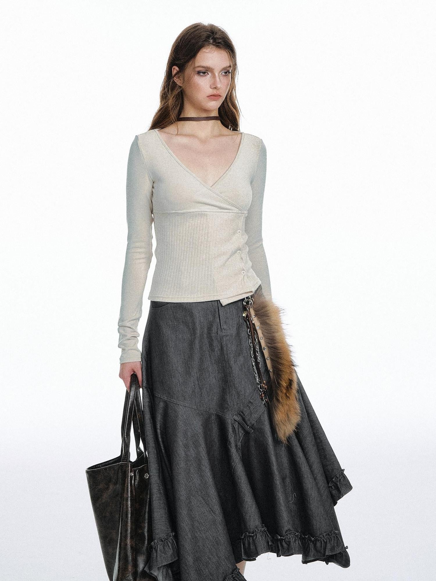 STRIKE A POSE Waist Cinch Button Placket Deep V Women&