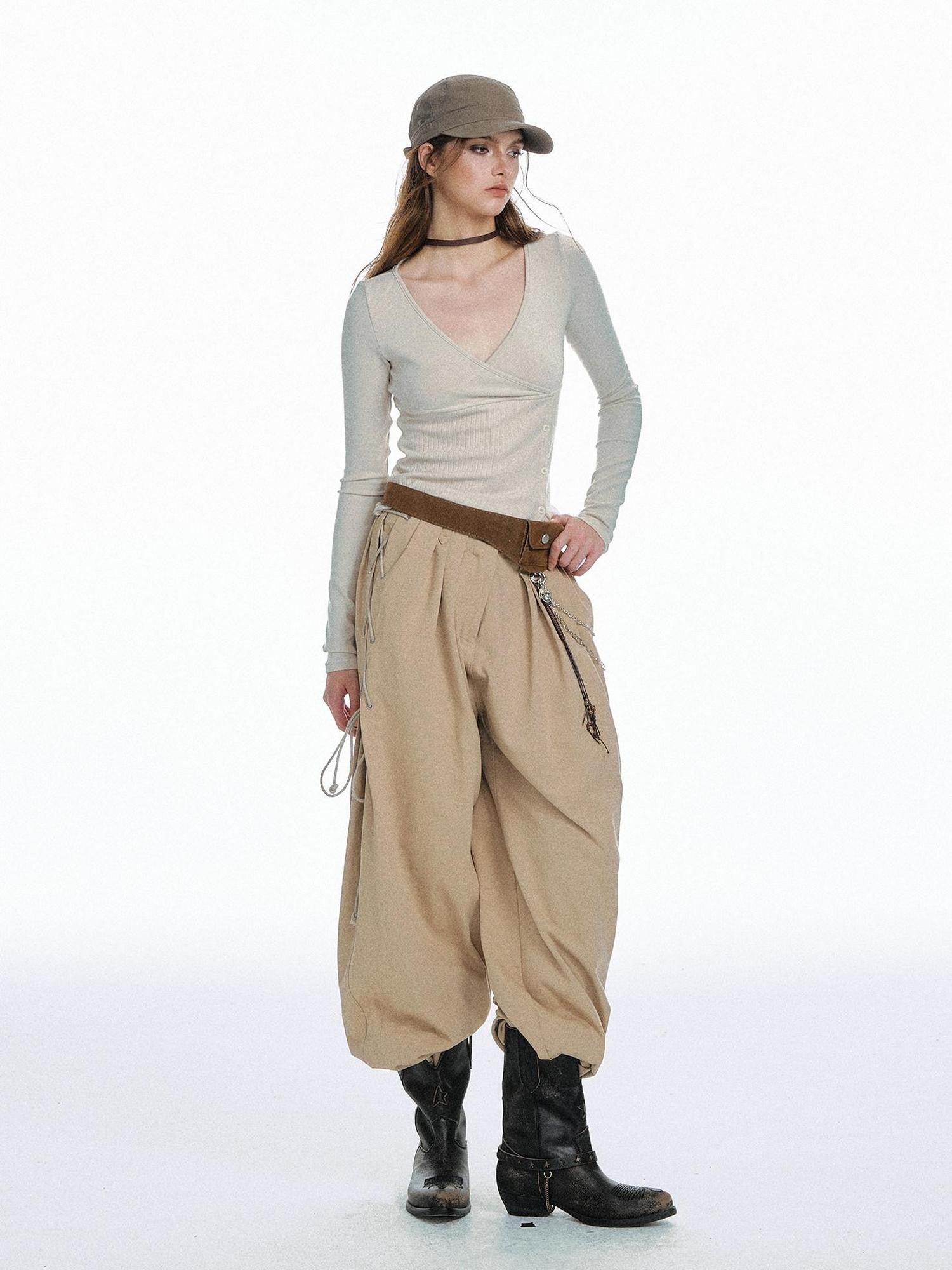 STRIKE A POSE Waist Cinch Button Placket Deep V Women&