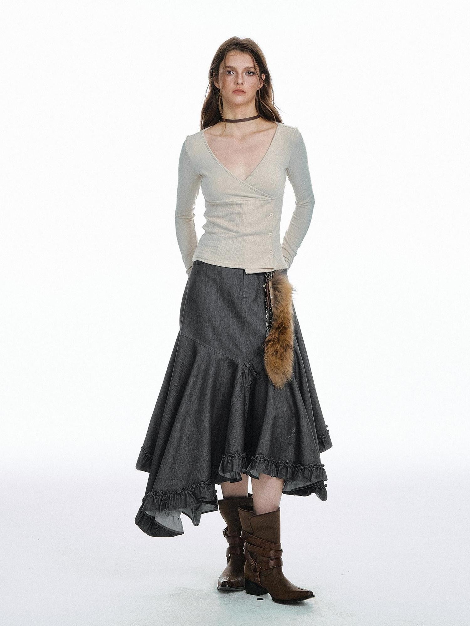 STRIKE A POSE Waist Cinch Button Placket Deep V Women&