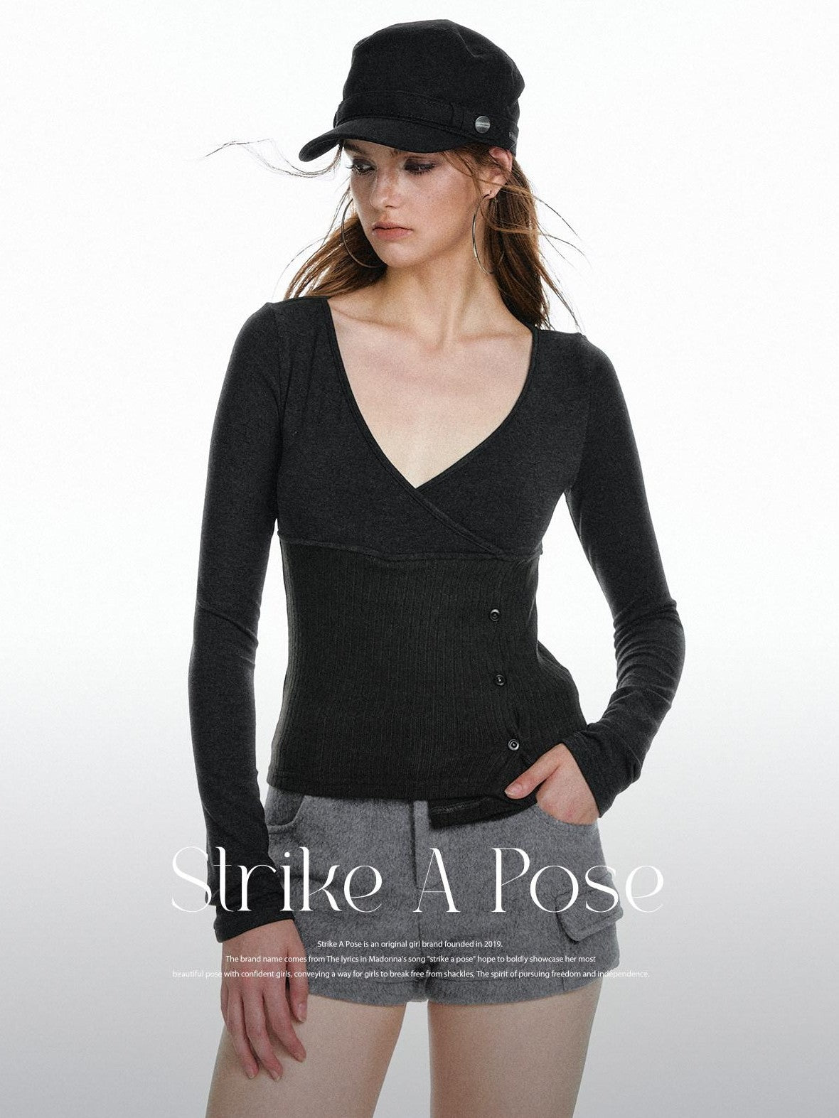 STRIKE A POSE Waist Cinch Button Placket Deep V Women&