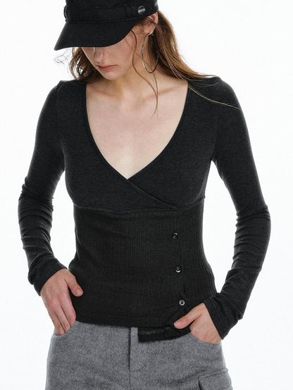 STRIKE A POSE Waist Cinch Button Placket Deep V Women&