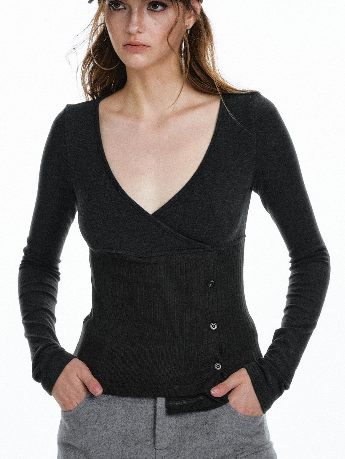 STRIKE A POSE Waist Cinch Button Placket Deep V Women&