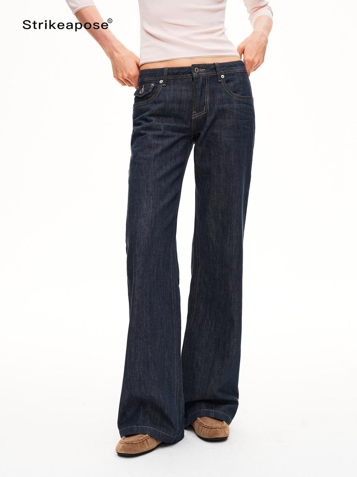 STRIKE A POSE Washed Rivet Low Rise Cotton Women&