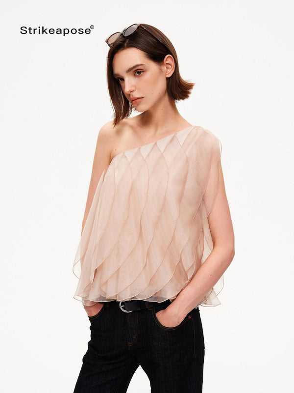 Wavy Cut Panel Asymmetric One Shoulder Zippered Women's Woven Polyester Tank Tops