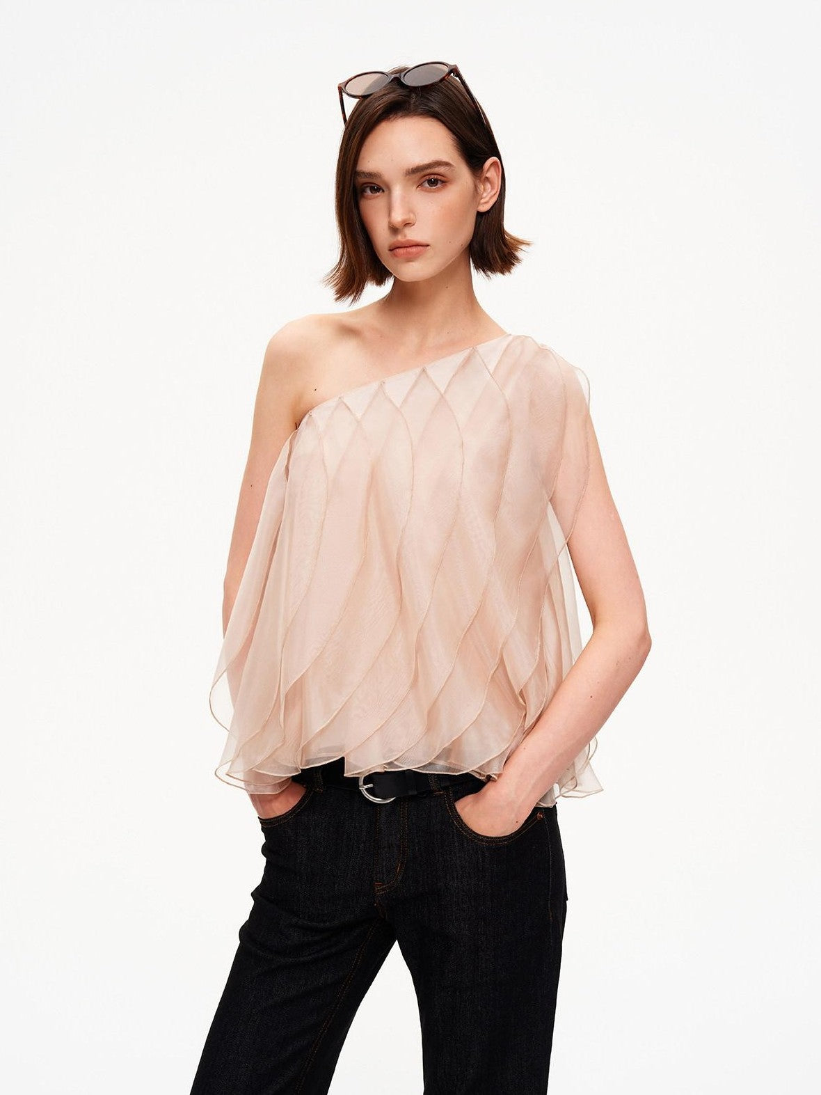 STRIKE A POSE Wavy Cut Panel Asymmetric One Shoulder Zippered Women&