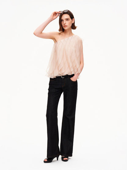 STRIKE A POSE Wavy Cut Panel Asymmetric One Shoulder Zippered Women&