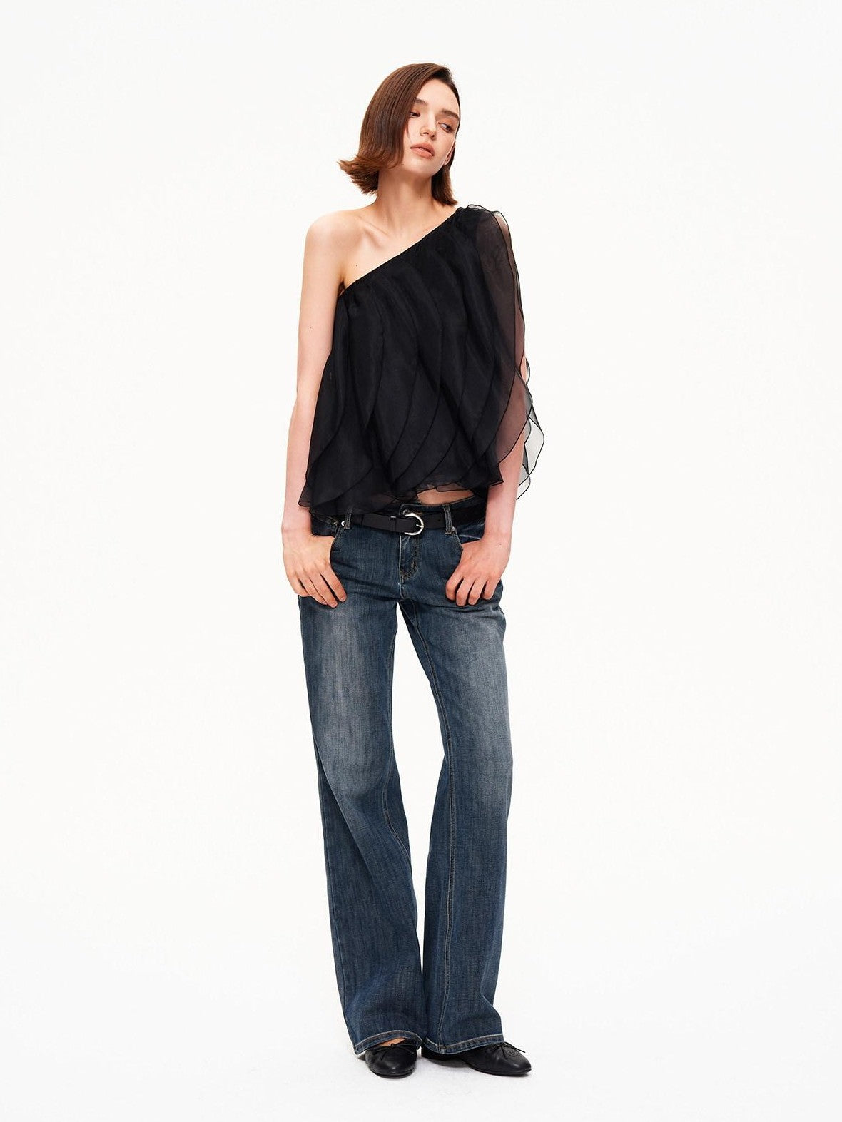 STRIKE A POSE Wavy Cut Panel Asymmetric One Shoulder Zippered Women&