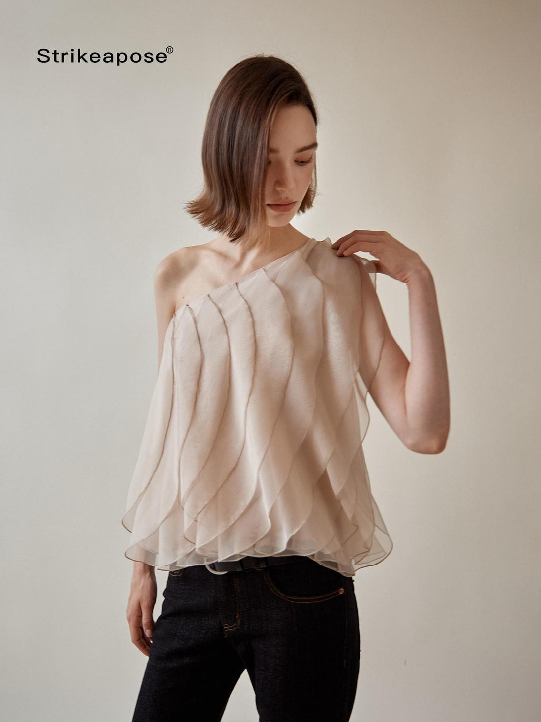 STRIKE A POSE Wavy Cut Panel Asymmetric One Shoulder Zippered Women&