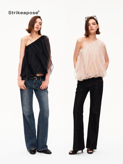 STRIKE A POSE Wavy Cut Panel Asymmetric One Shoulder Zippered Women&