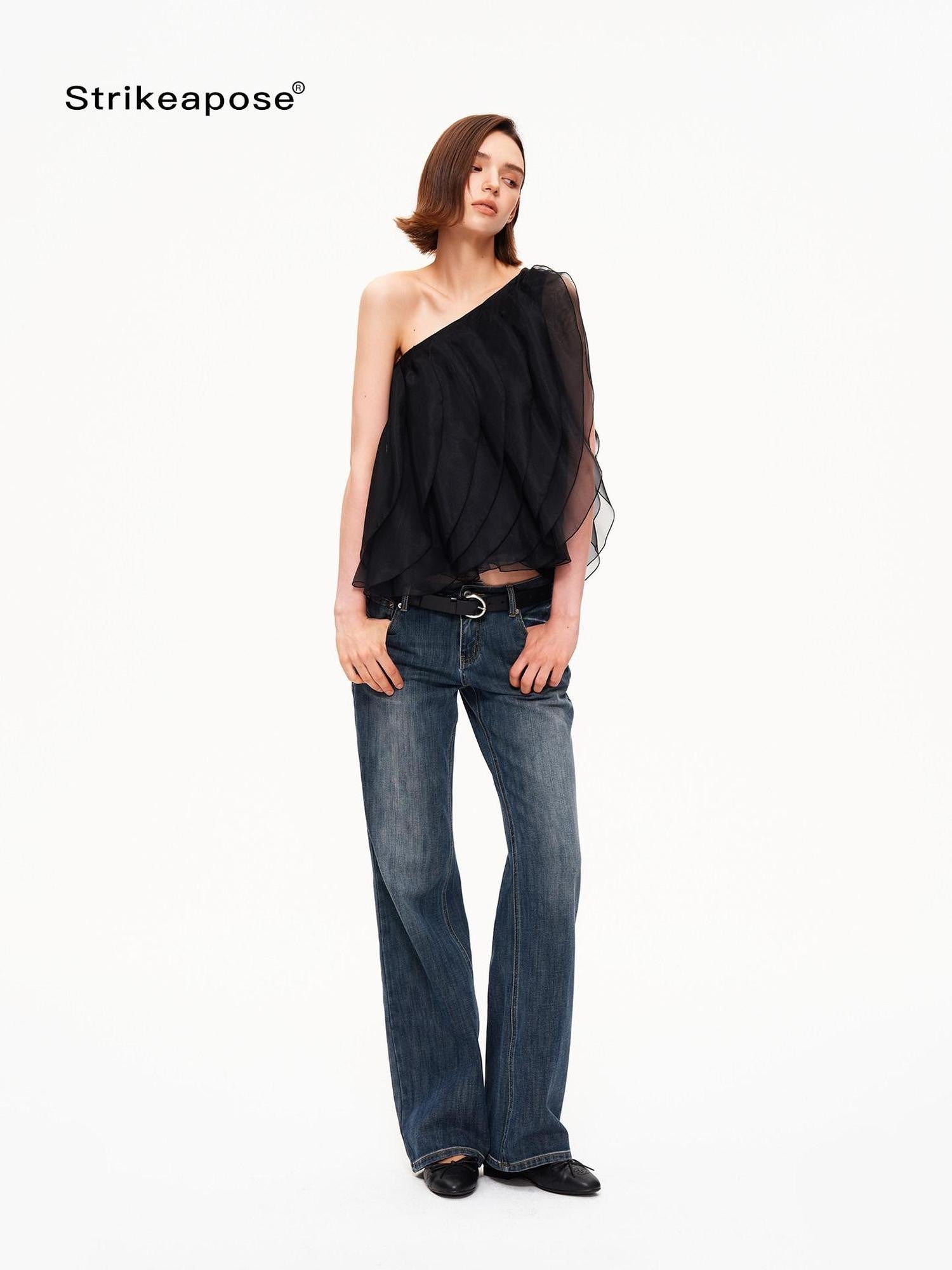 STRIKE A POSE Wavy Cut Panel Asymmetric One Shoulder Zippered Women&