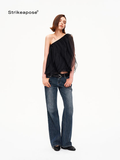 STRIKE A POSE Wavy Cut Panel Asymmetric One Shoulder Zippered Women&