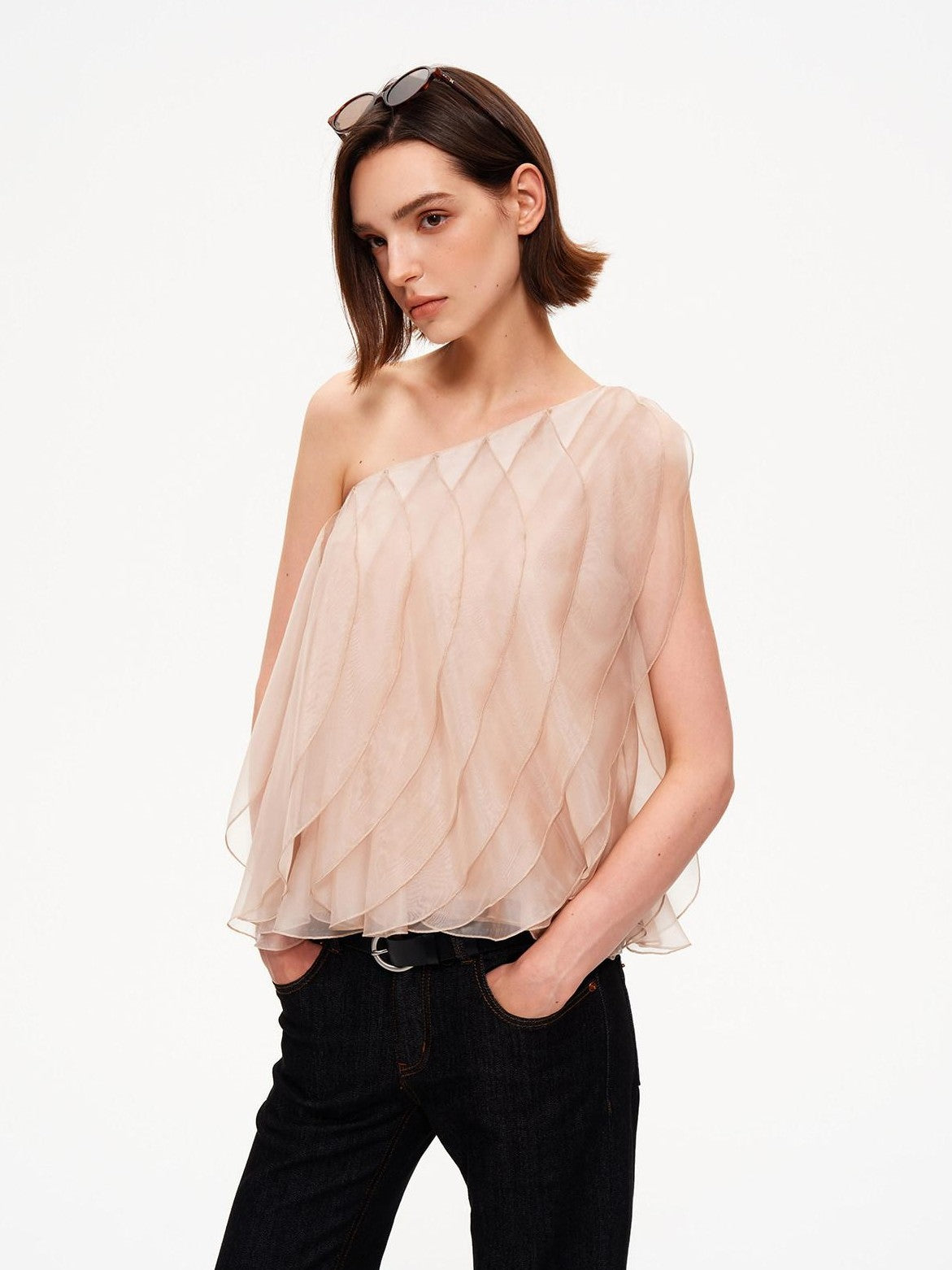 STRIKE A POSE Wavy Cut Panel Asymmetric One Shoulder Zippered Women&