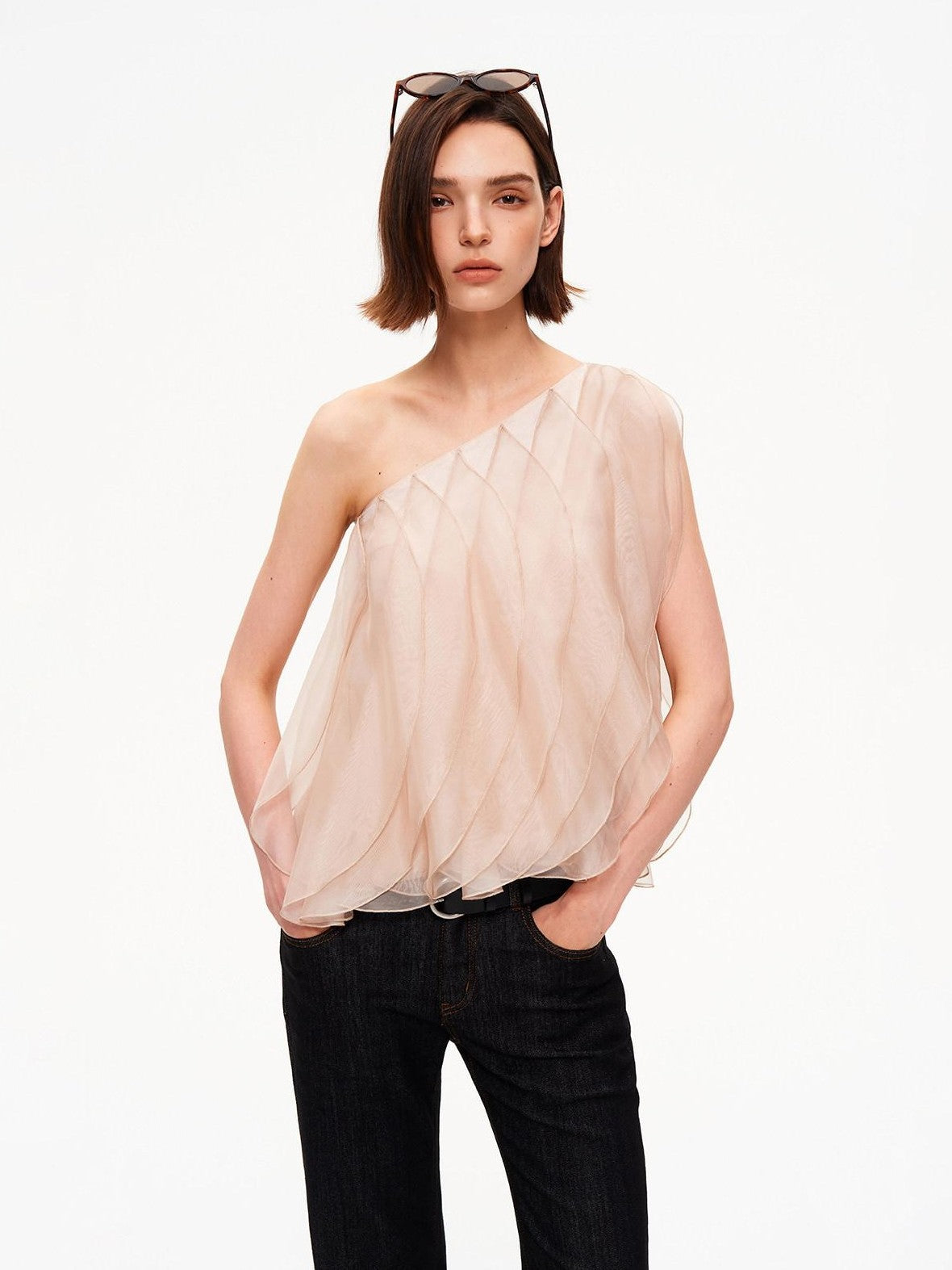 STRIKE A POSE Wavy Cut Panel Asymmetric One Shoulder Zippered Women&