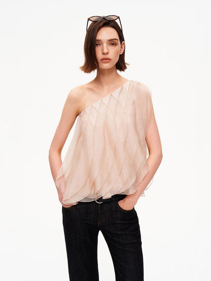 STRIKE A POSE Wavy Cut Panel Asymmetric One Shoulder Zippered Women&