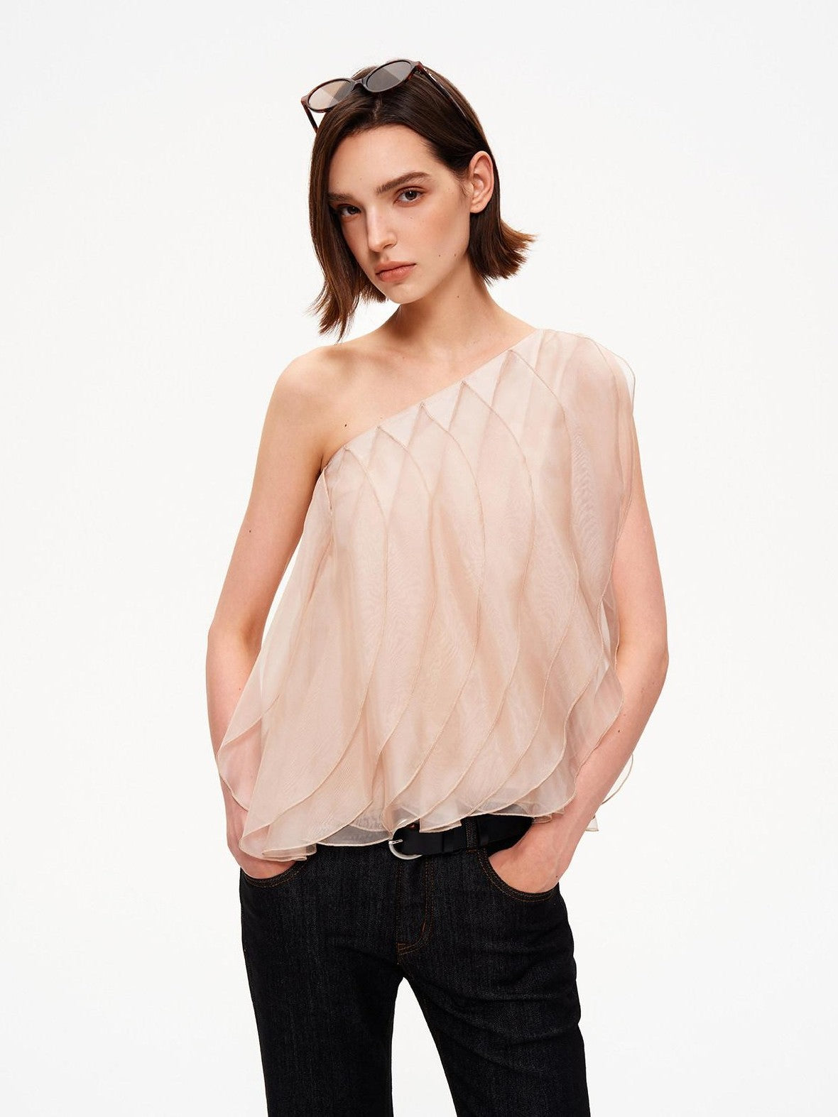 STRIKE A POSE Wavy Cut Panel Asymmetric One Shoulder Zippered Women&