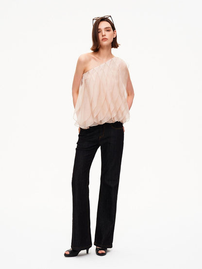 STRIKE A POSE Wavy Cut Panel Asymmetric One Shoulder Zippered Women&