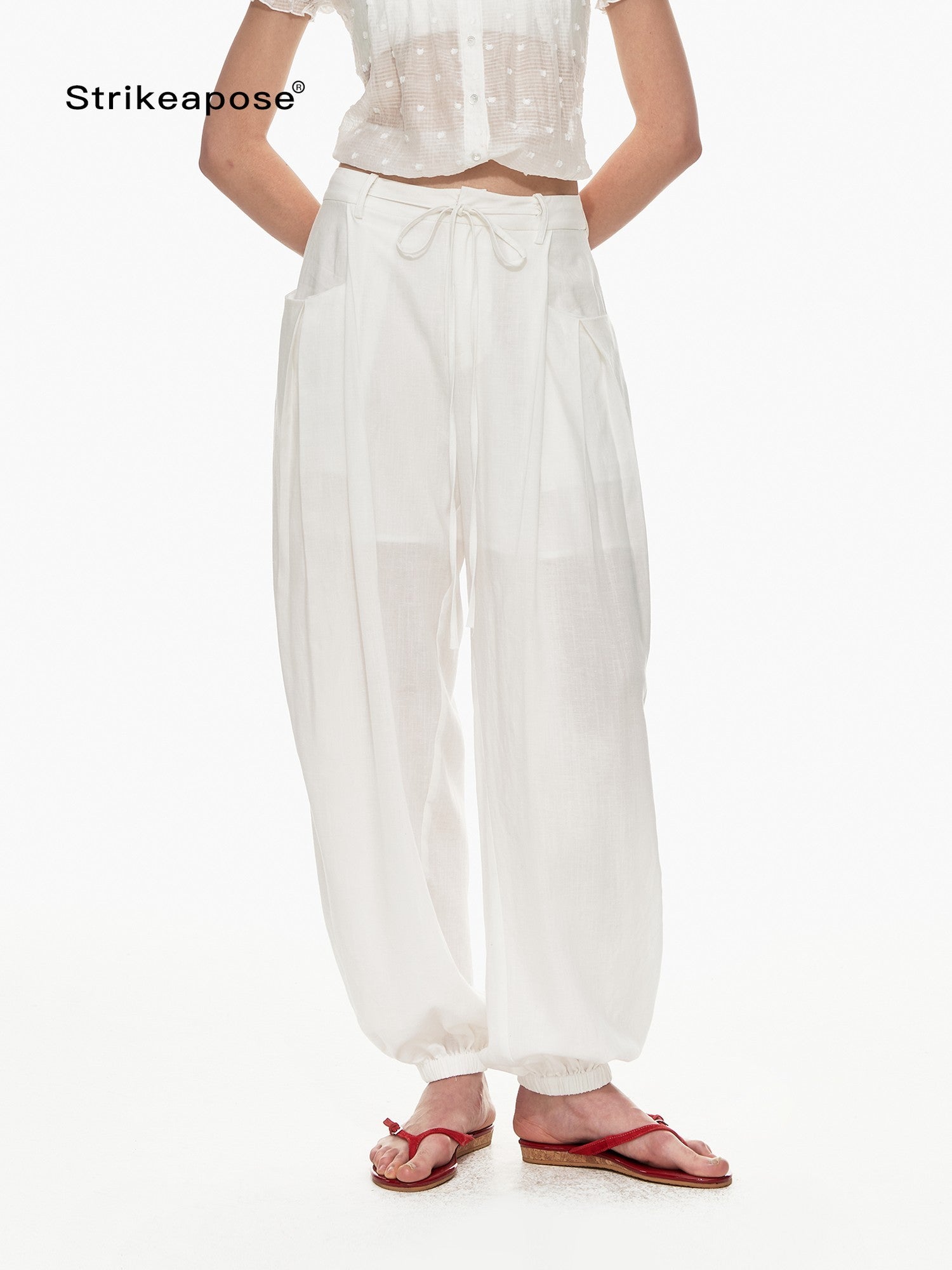 STRIKE A POSE White Balloon Silhouette Drawstring Tapered Cuff Women&