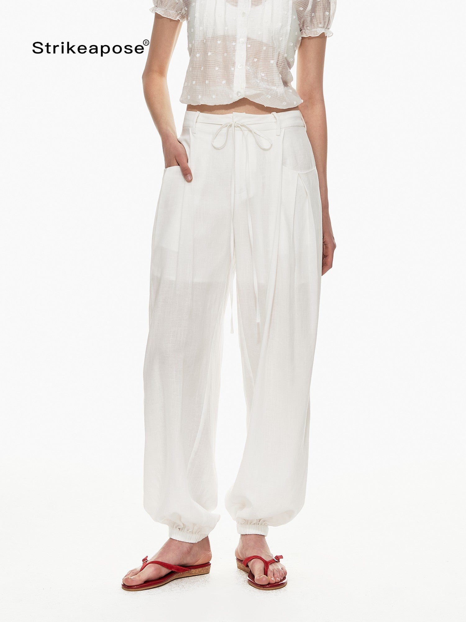 STRIKE A POSE White Balloon Silhouette Drawstring Tapered Cuff Women&