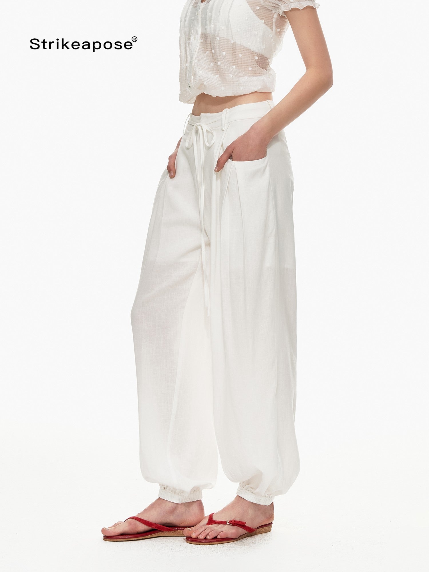STRIKE A POSE White Balloon Silhouette Drawstring Tapered Cuff Women&