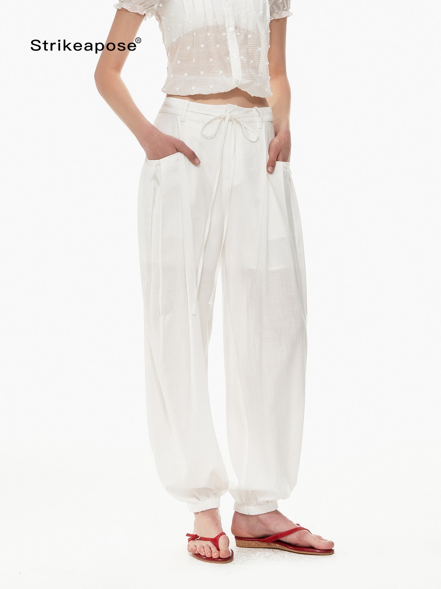 STRIKE A POSE White Balloon Silhouette Drawstring Tapered Cuff Women&