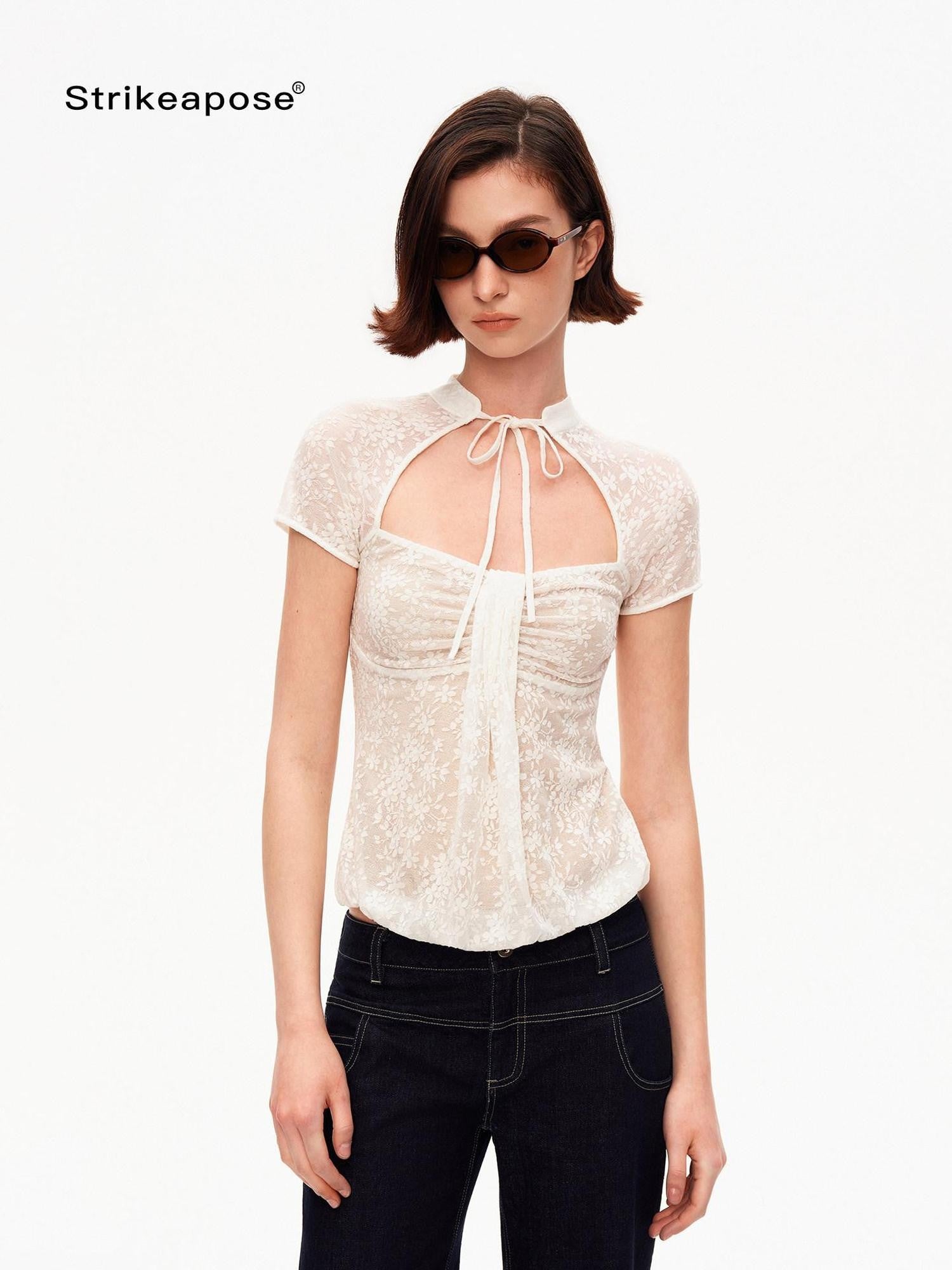 STRIKE A POSE White Lace Jacquard Cutout Stand Collar Women&