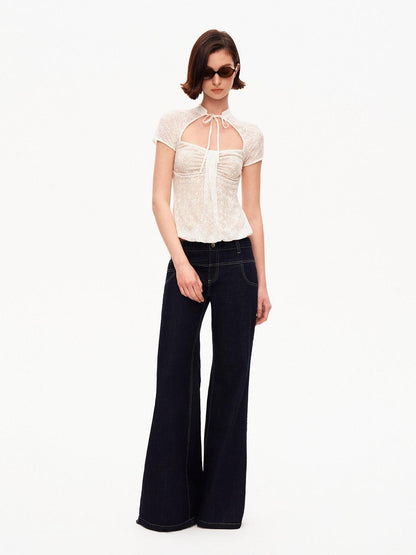 STRIKE A POSE White Lace Jacquard Cutout Stand Collar Women&