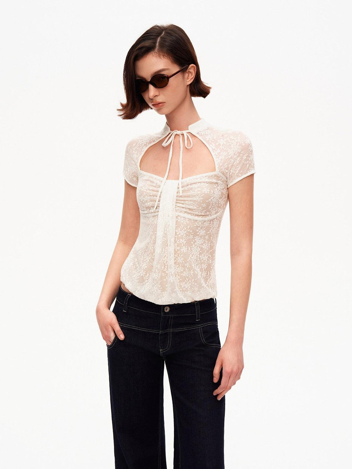 STRIKE A POSE White Lace Jacquard Cutout Stand Collar Women&