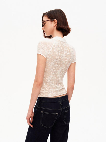 STRIKE A POSE White Lace Jacquard Cutout Stand Collar Women&