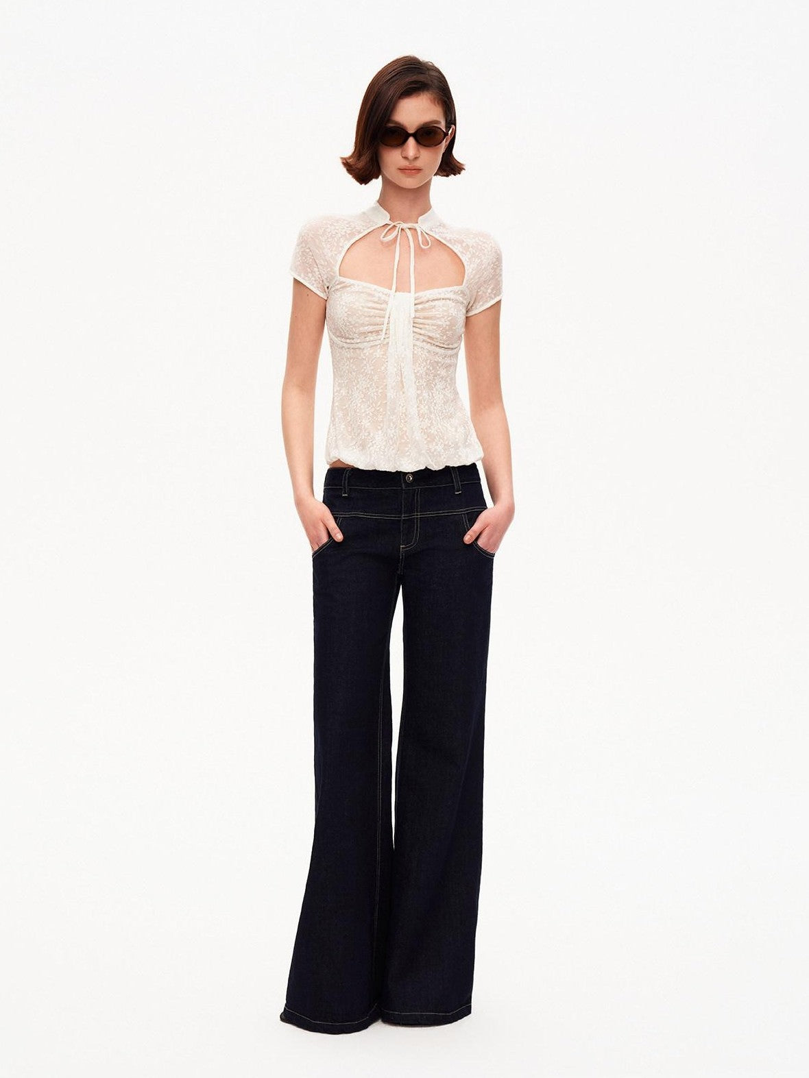 STRIKE A POSE White Lace Jacquard Cutout Stand Collar Women&