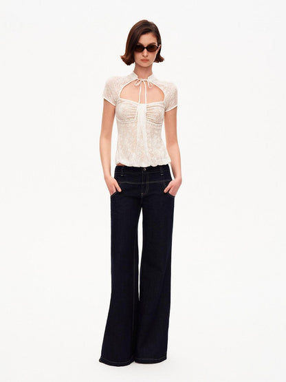 STRIKE A POSE White Lace Jacquard Cutout Stand Collar Women&