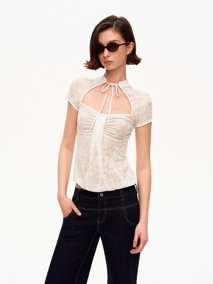 STRIKE A POSE White Lace Jacquard Cutout Stand Collar Women&