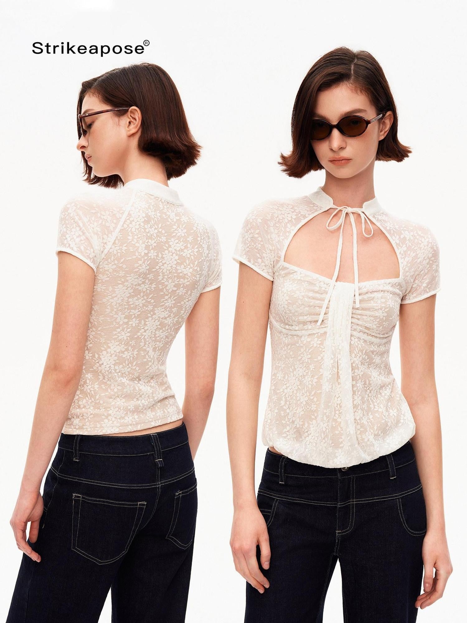 STRIKE A POSE White Lace Jacquard Cutout Stand Collar Women&