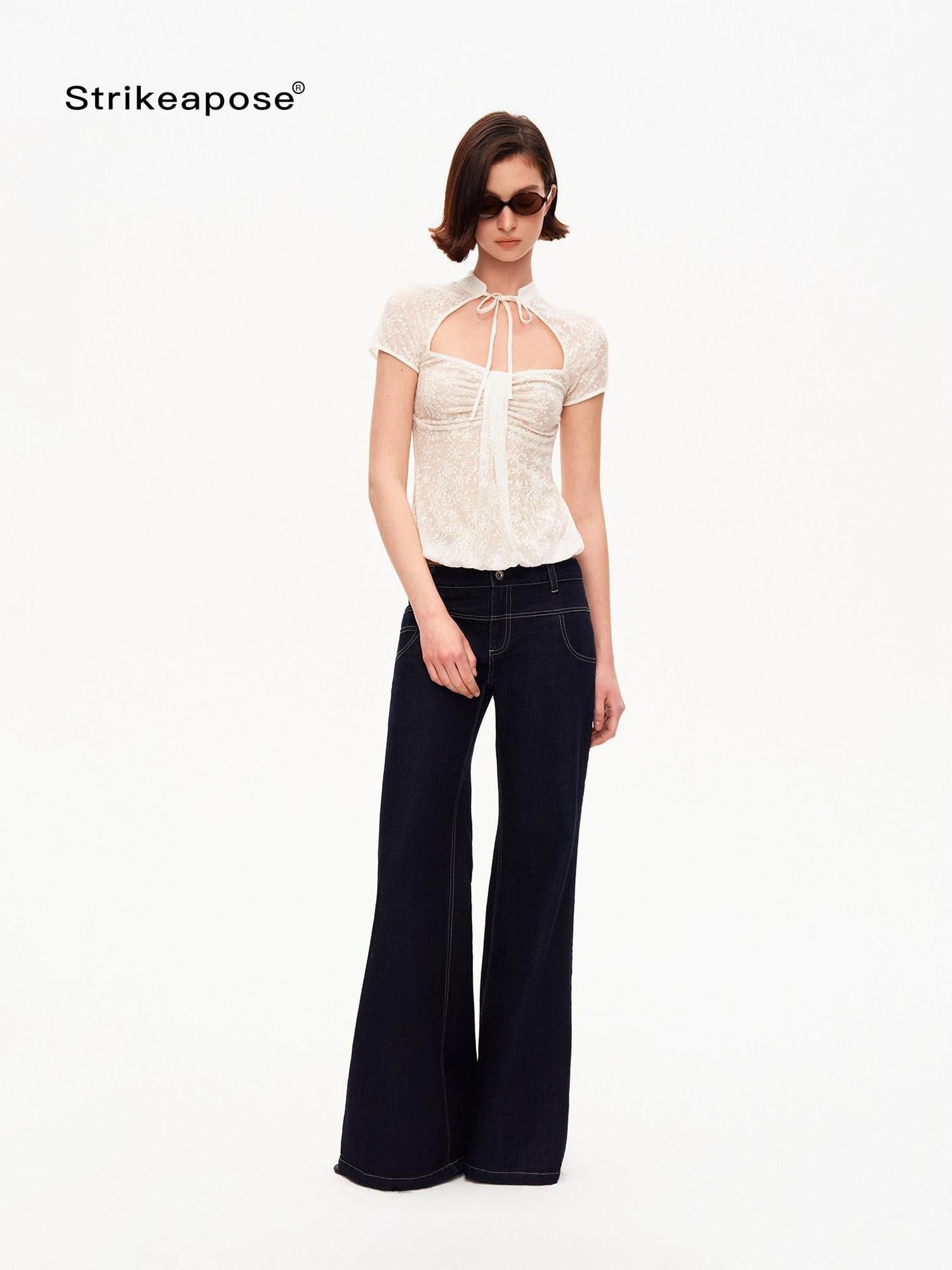 STRIKE A POSE White Lace Jacquard Cutout Stand Collar Women&