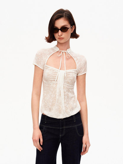 STRIKE A POSE White Lace Jacquard Cutout Stand Collar Women&