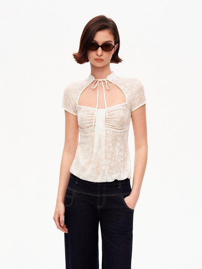 STRIKE A POSE White Lace Jacquard Cutout Stand Collar Women&