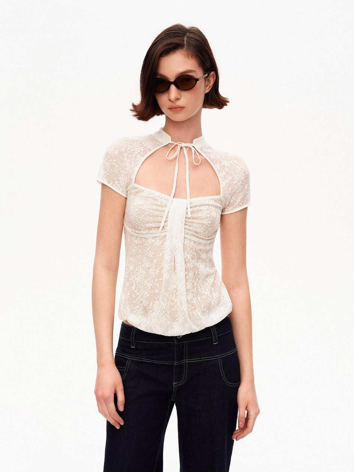 STRIKE A POSE White Lace Jacquard Cutout Stand Collar Women&