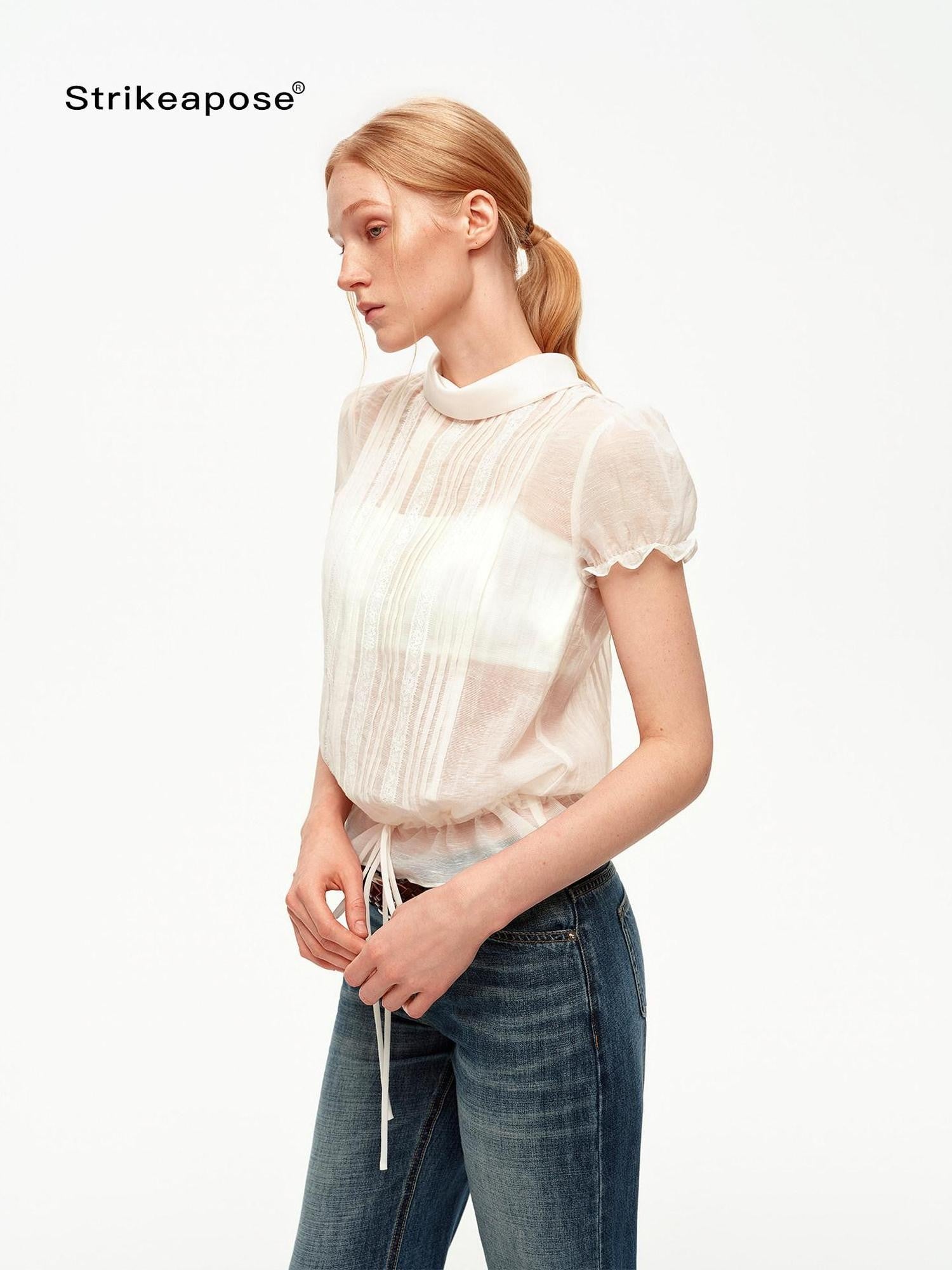 STRIKE A POSE White Lace Tuck Pleat Drawstring Waist Women&