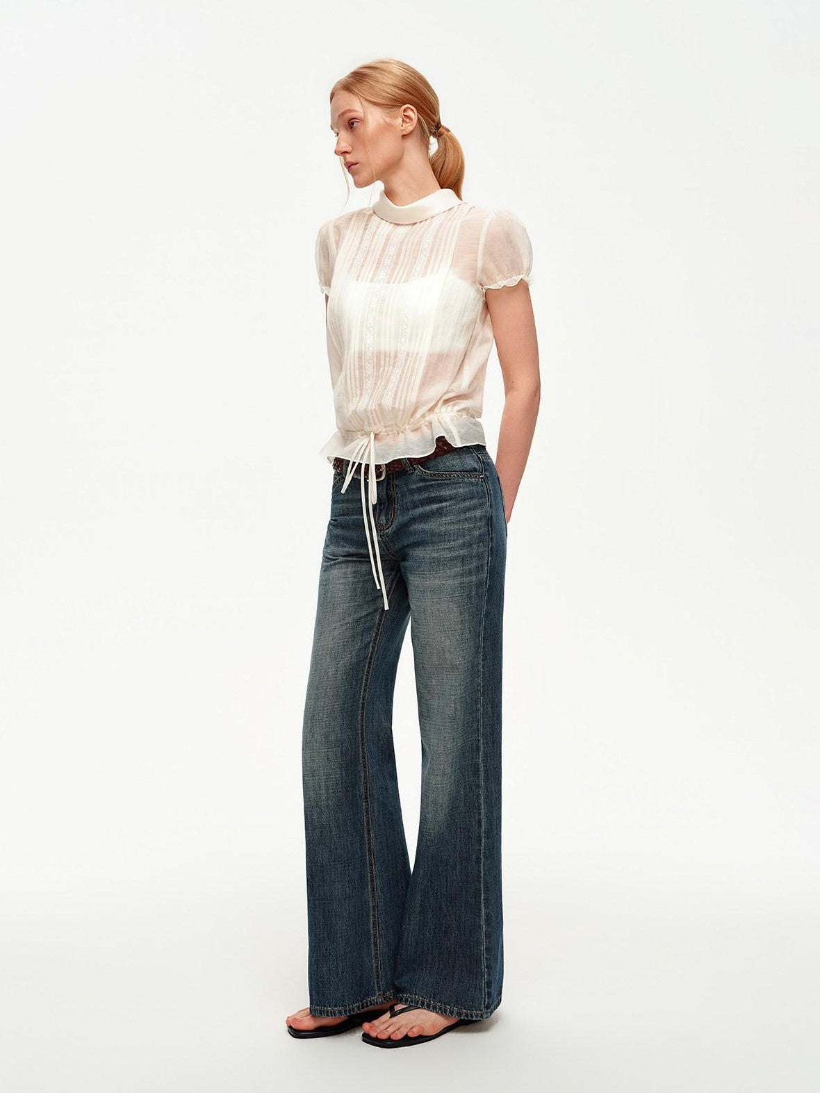 STRIKE A POSE White Lace Tuck Pleat Drawstring Waist Women&