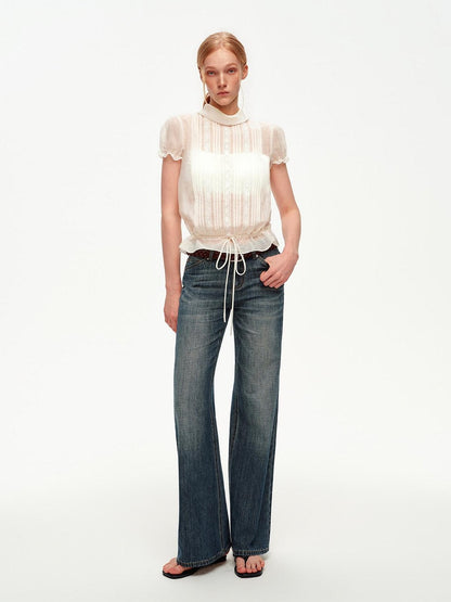 STRIKE A POSE White Lace Tuck Pleat Drawstring Waist Women&