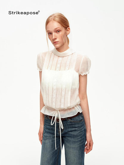STRIKE A POSE White Lace Tuck Pleat Drawstring Waist Women&