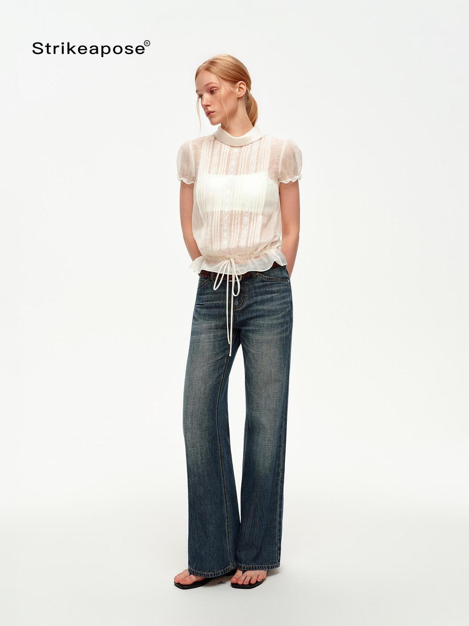 STRIKE A POSE White Lace Tuck Pleat Drawstring Waist Women&