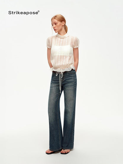 STRIKE A POSE White Lace Tuck Pleat Drawstring Waist Women&