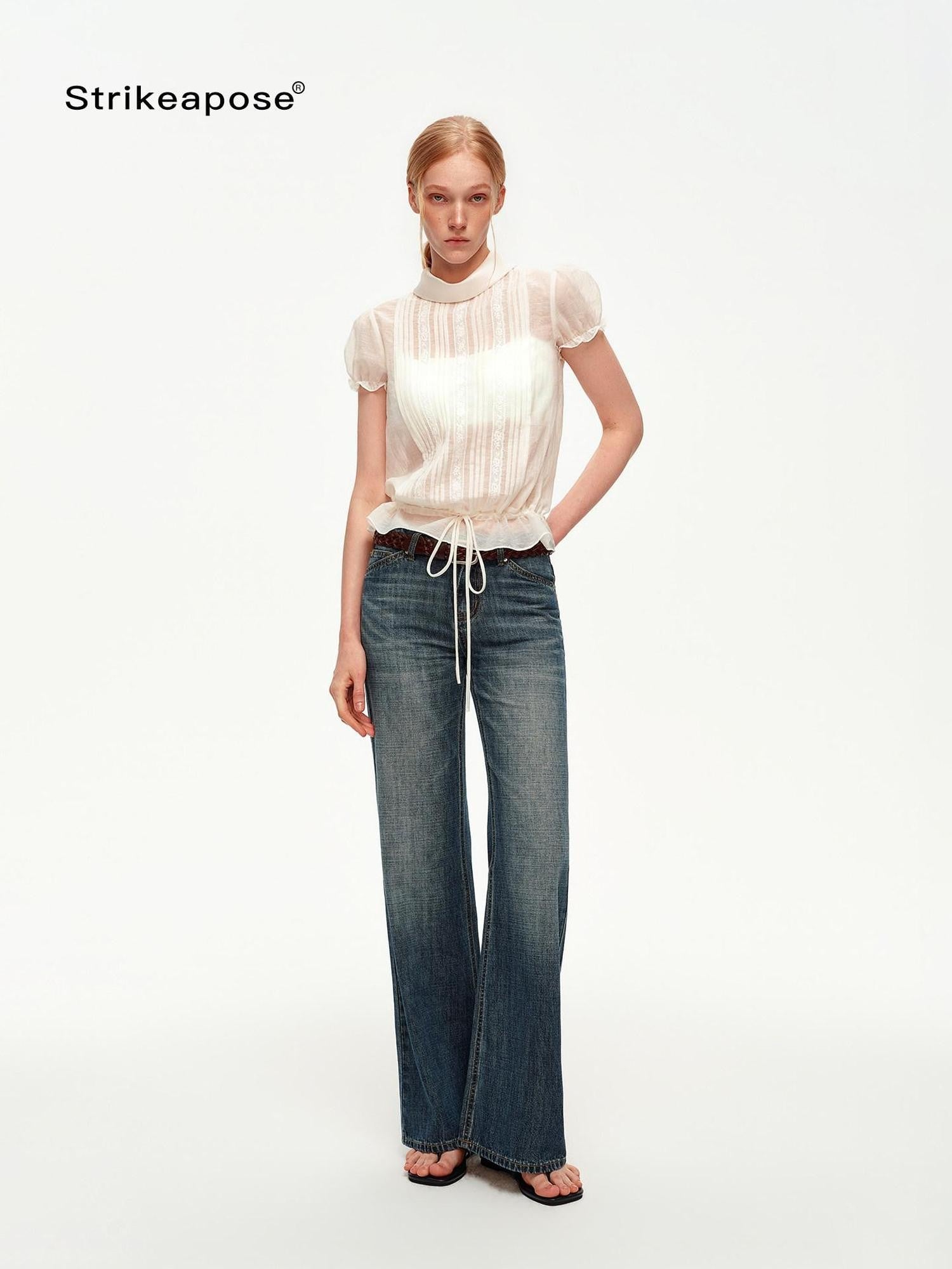 STRIKE A POSE White Lace Tuck Pleat Drawstring Waist Women&