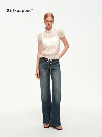 STRIKE A POSE White Lace Tuck Pleat Drawstring Waist Women&