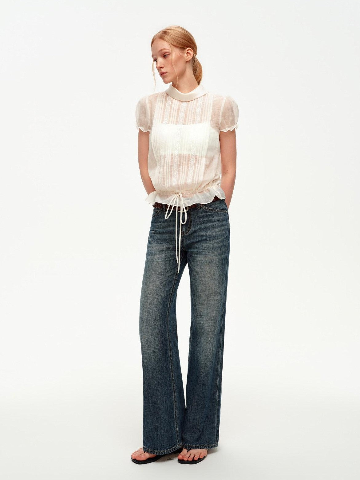 STRIKE A POSE White Lace Tuck Pleat Drawstring Waist Women&