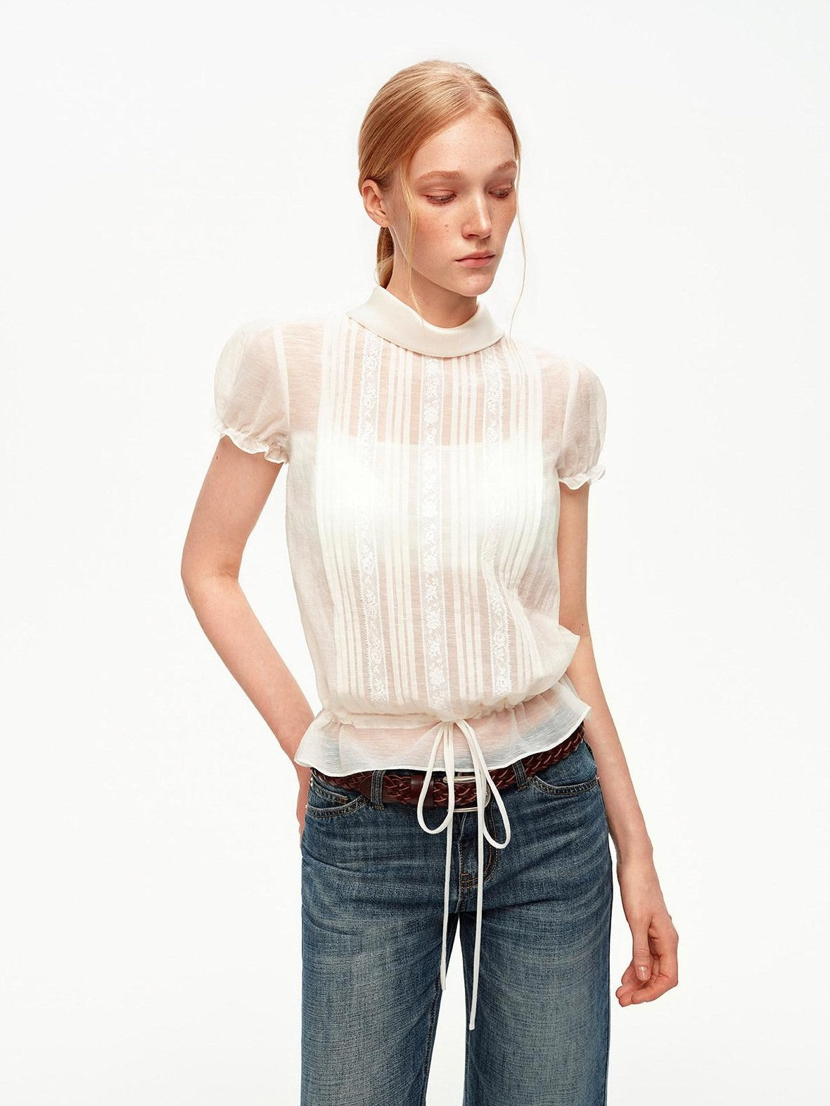 STRIKE A POSE White Lace Tuck Pleat Drawstring Waist Women&