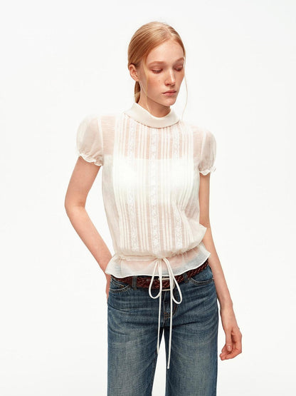 STRIKE A POSE White Lace Tuck Pleat Drawstring Waist Women&