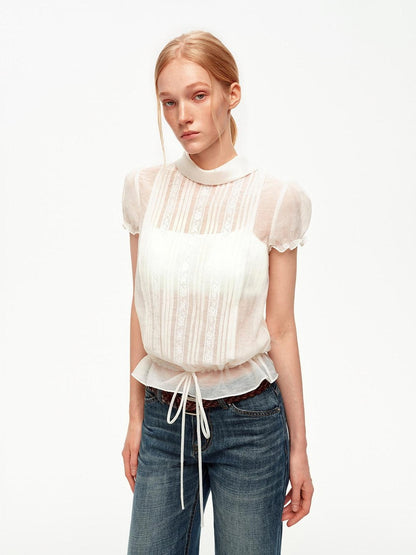 STRIKE A POSE White Lace Tuck Pleat Drawstring Waist Women&